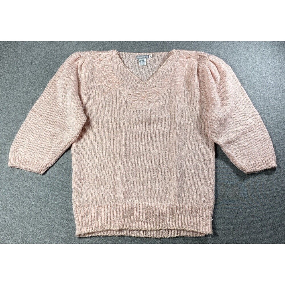Vtg WhiteStag Pink Embroidered Beaded Appliqué Elbow 3/4 Sleeves Blend wool Sz L